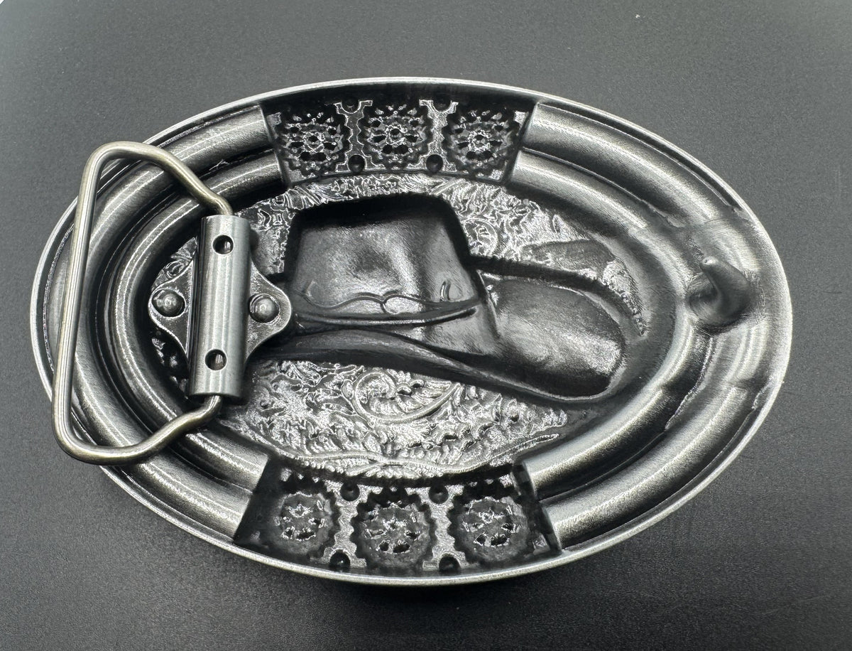 Mexican charro belt buckle silver cowboy hat turquoise beads back view 2 - hebilla charra