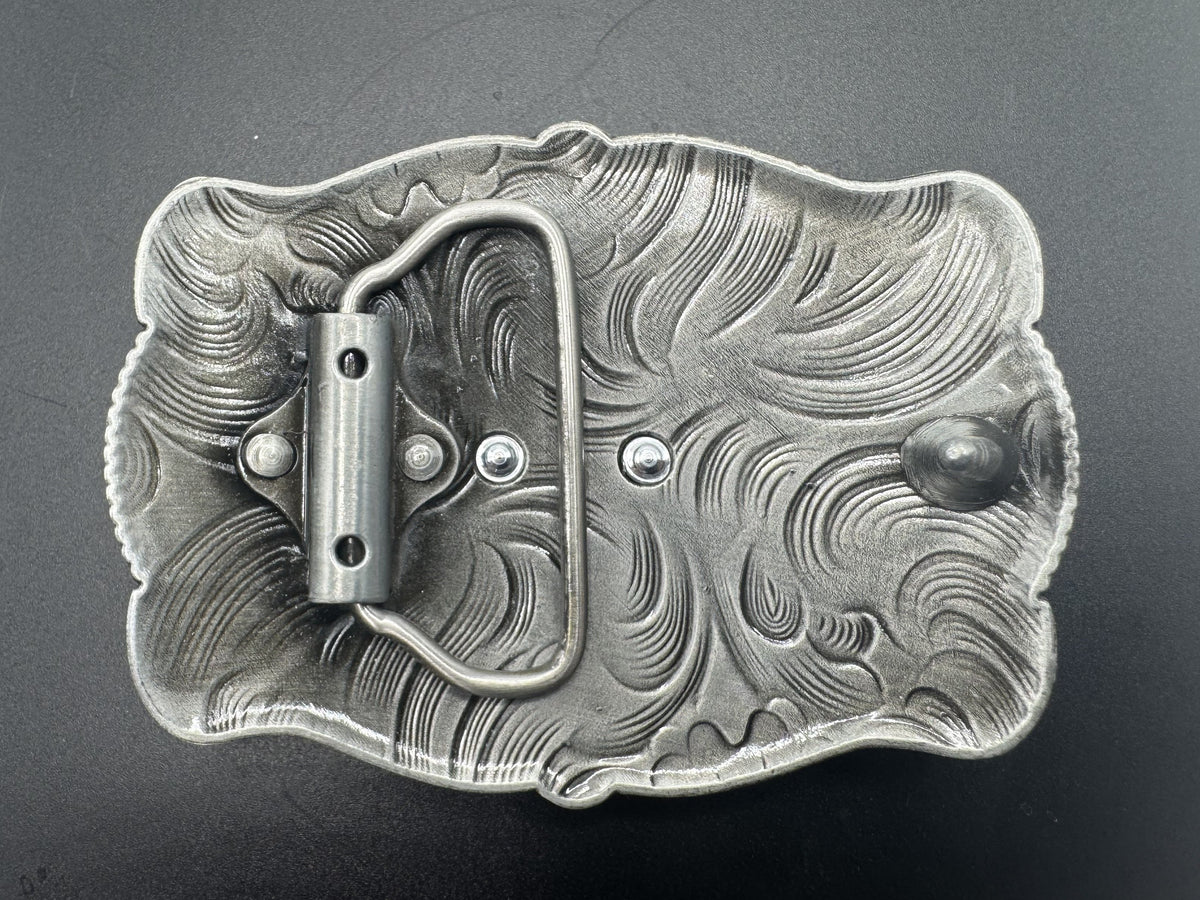 Mexican charro belt buckle silver running horse filigree back view 2 - hebilla charra