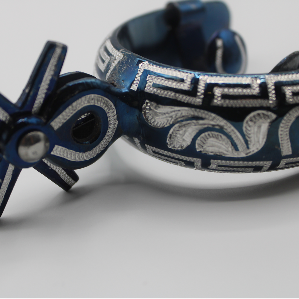 
            
                Load image into Gallery viewer, Authentic Blue Mexican Charro Spurs: Premium Stainless Steel with Intricate Engravings
            
        