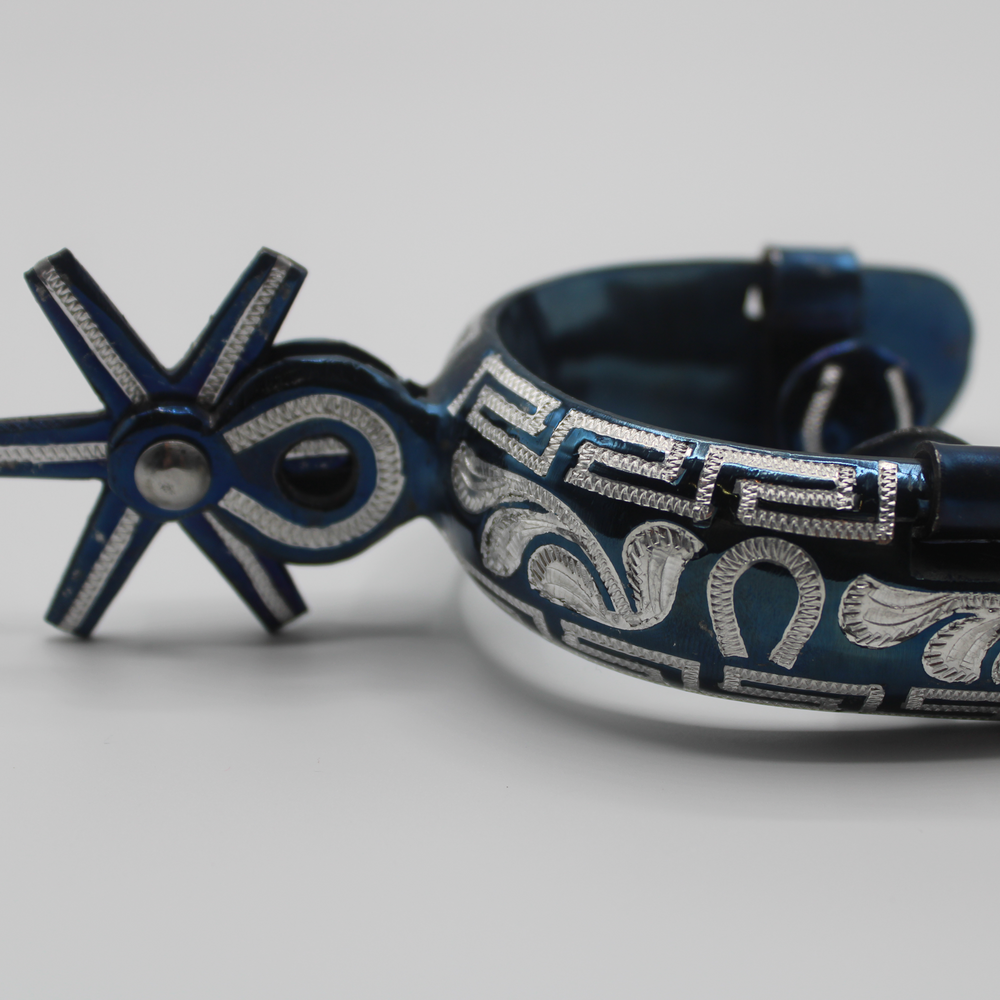 
            
                Load image into Gallery viewer, Authentic Blue Mexican Charro Spurs: Premium Stainless Steel with Intricate Engravings
            
        