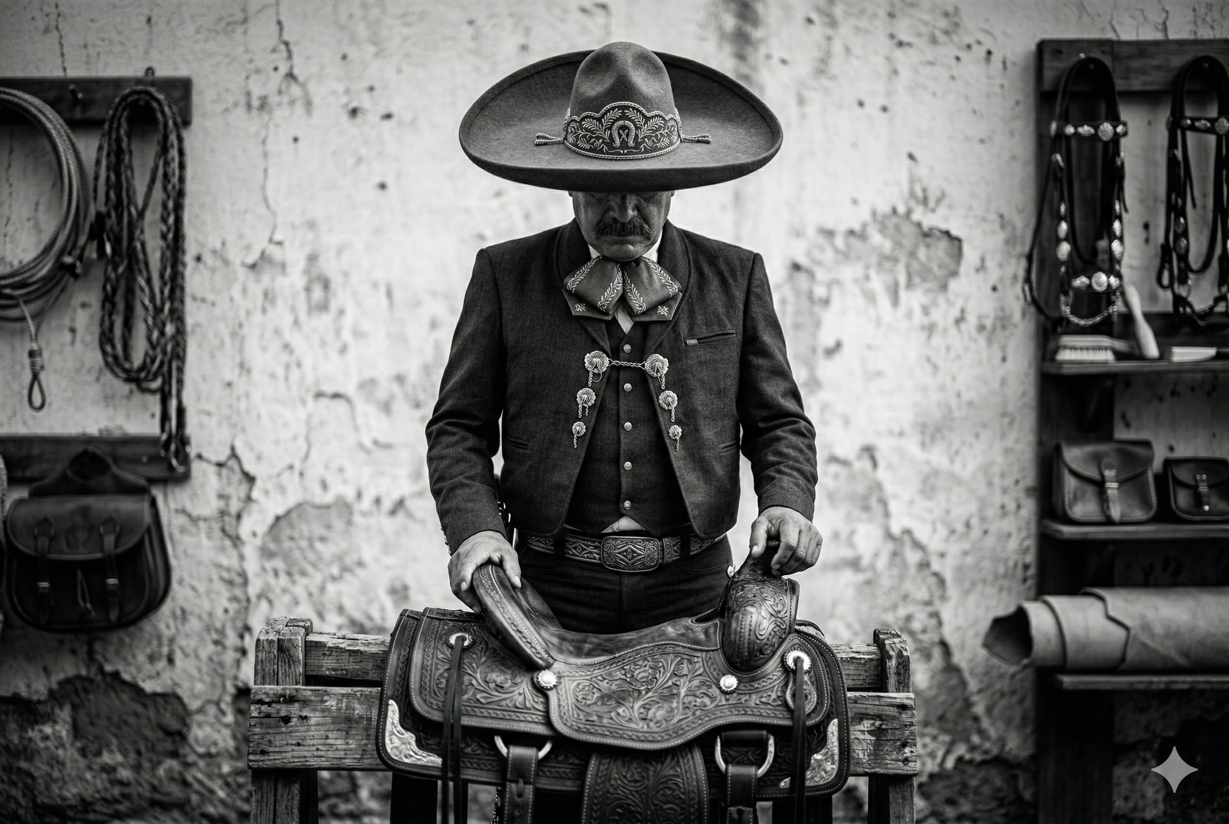Man in traditional Mexican charro attire with a sombrero and a horse saddle in a rustic setting