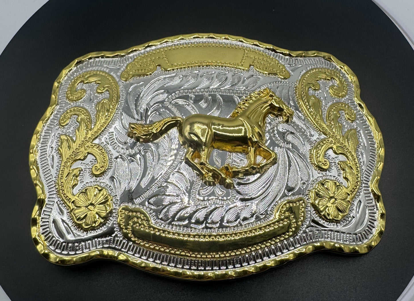Mexican charro belt buckle large gold silver running horse front view - hebilla charra