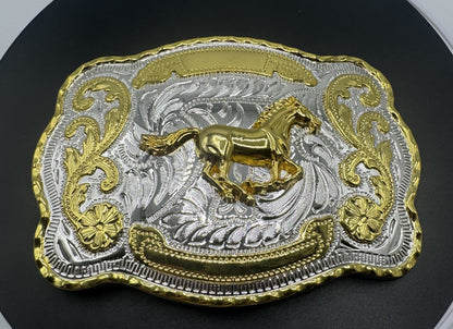 Mexican charro belt buckle large gold silver running horse front view - hebilla charra