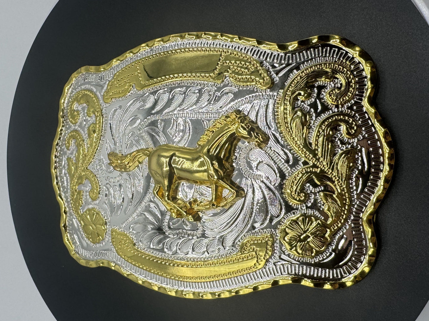 Mexican charro belt buckle large gold silver running horse front view 2 - hebilla charra