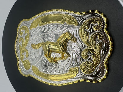 Mexican charro belt buckle large gold silver running horse front view 2 - hebilla charra