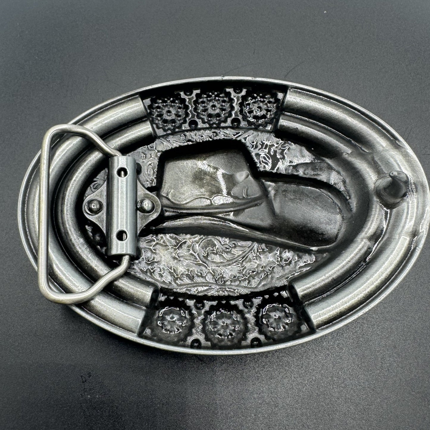 Mexican charro belt buckle silver cowboy hat turquoise beads back view - hebilla charra