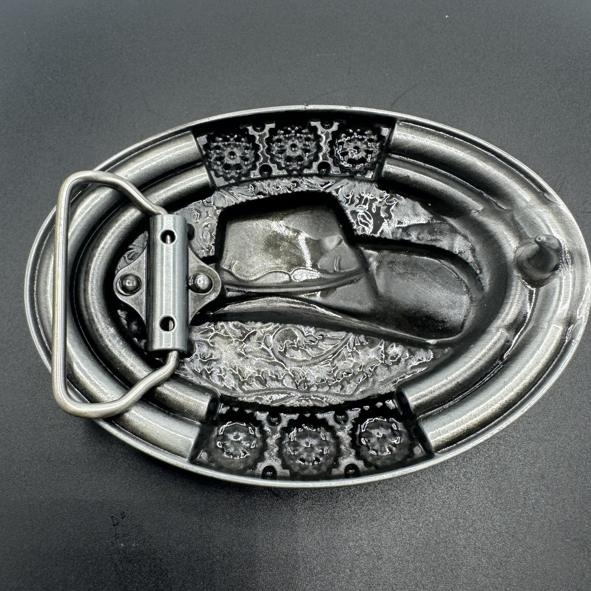 Mexican charro belt buckle silver cowboy hat turquoise beads back view - hebilla charra