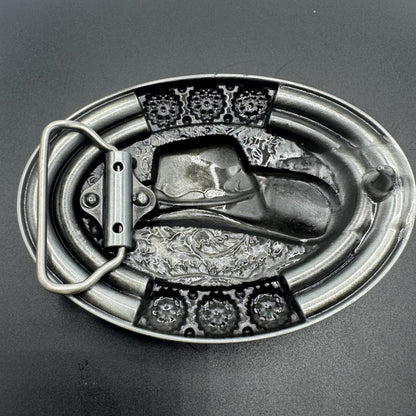 Mexican charro belt buckle silver cowboy hat turquoise beads back view - hebilla charra