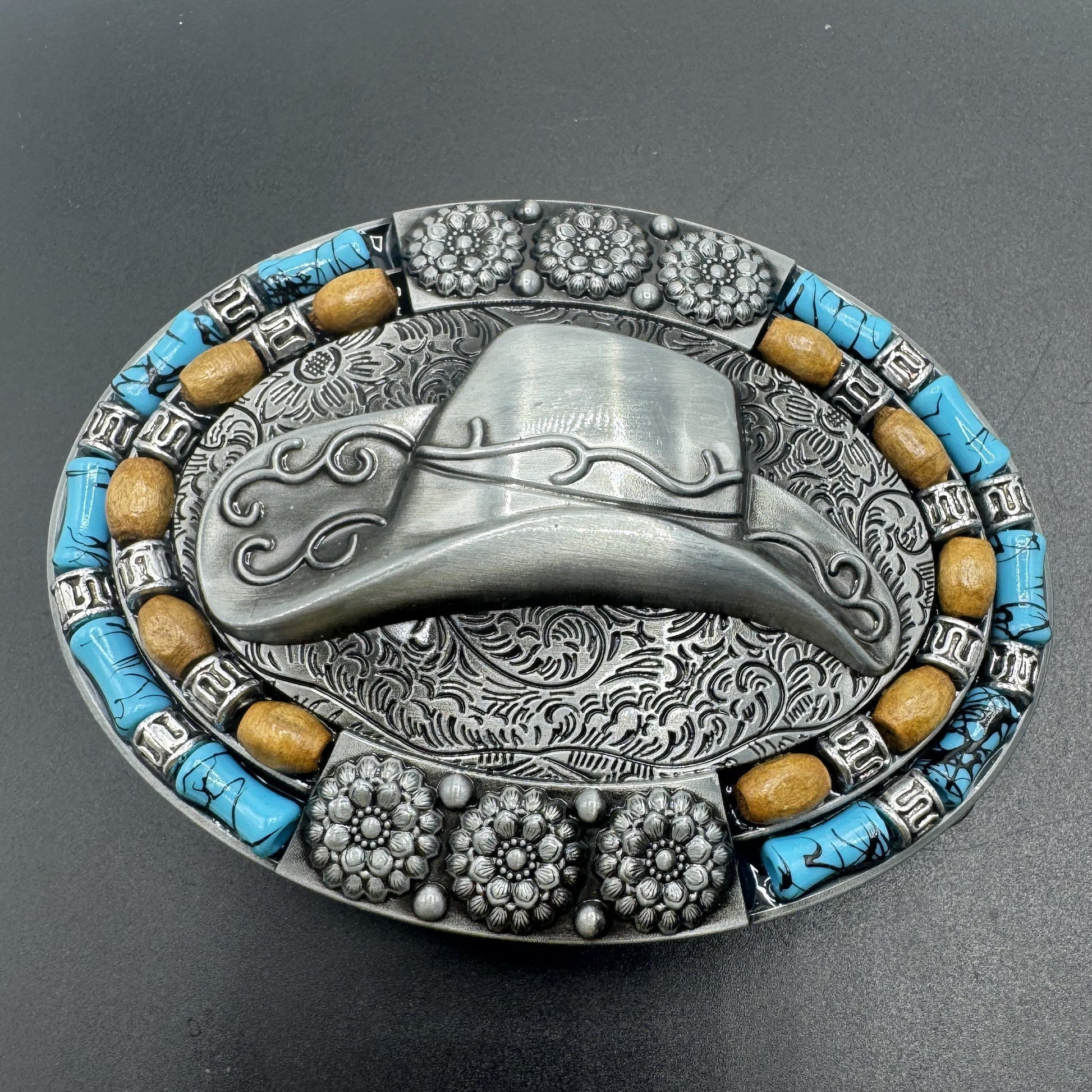Mexican charro belt buckle silver cowboy hat turquoise beads front view - hebilla charra