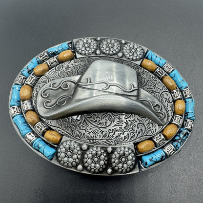 Mexican charro belt buckle silver cowboy hat turquoise beads front view - hebilla charra