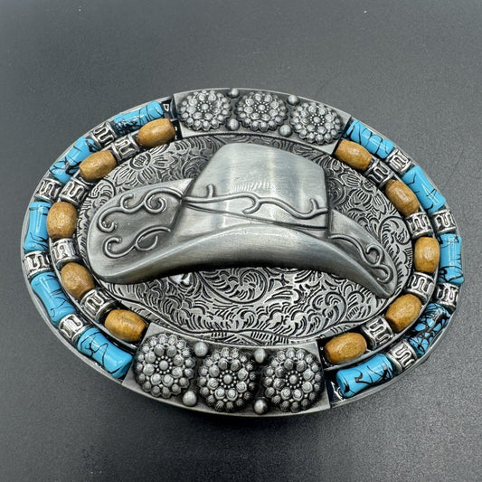 Mexican charro belt buckle silver cowboy hat turquoise beads front view - hebilla charra