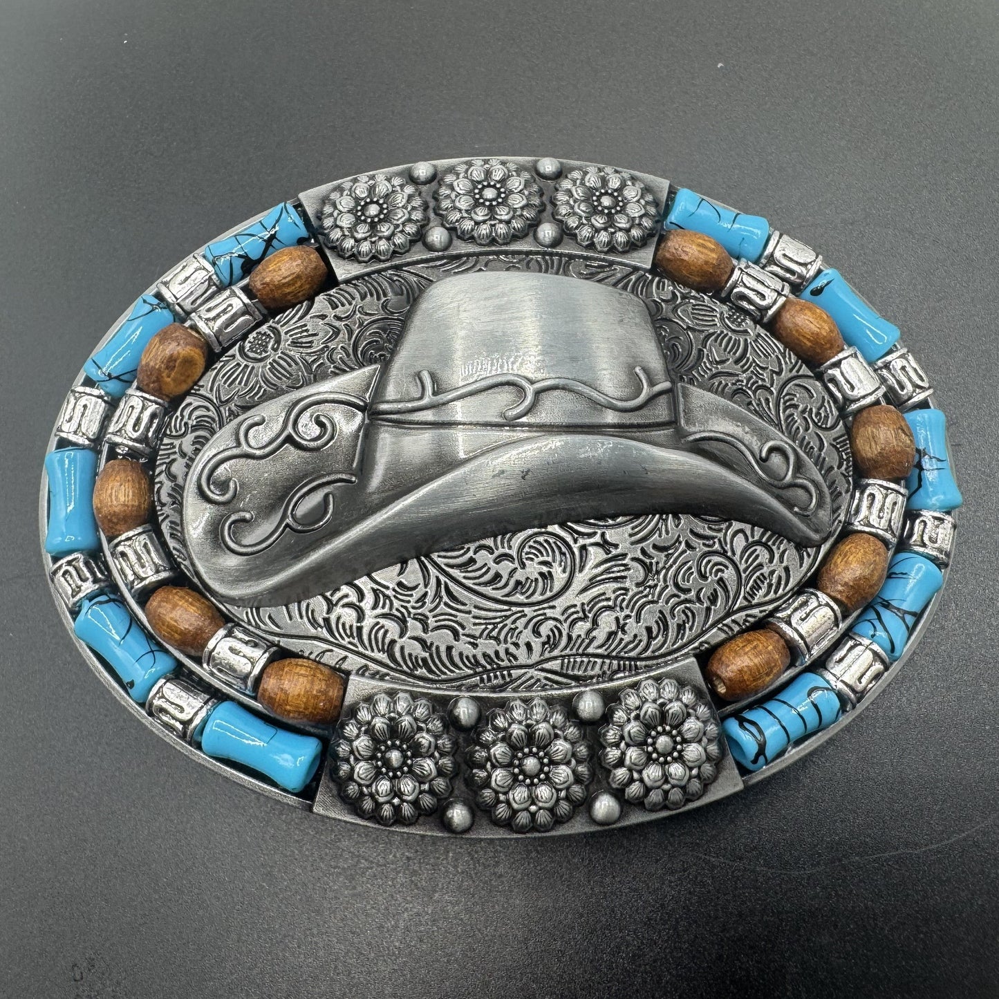 Mexican charro belt buckle silver cowboy hat turquoise beads front view 4 - hebilla charra