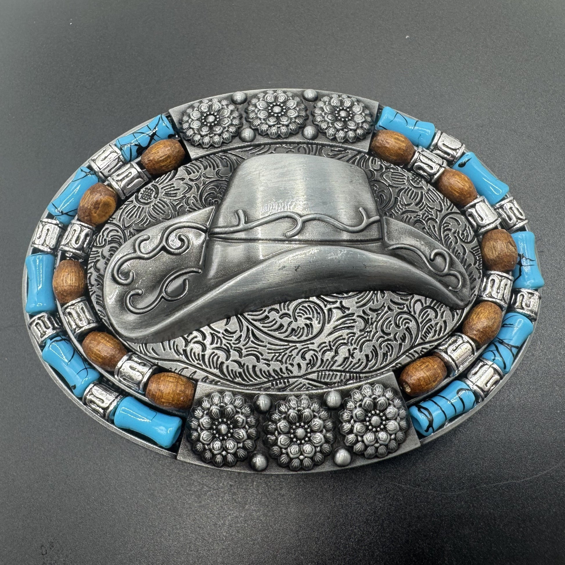 Mexican charro belt buckle silver cowboy hat turquoise beads front view 4 - hebilla charra