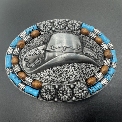Mexican charro belt buckle silver cowboy hat turquoise beads front view 4 - hebilla charra