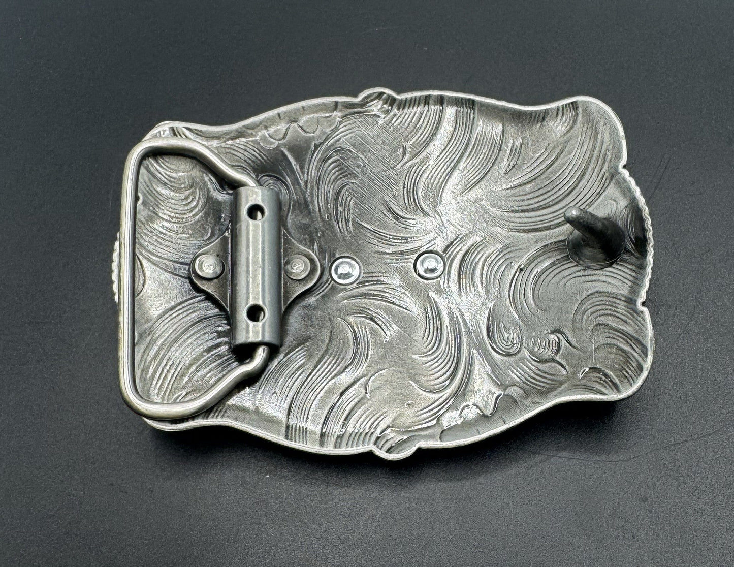 Mexican charro belt buckle silver running horse filigree back view - hebilla charra