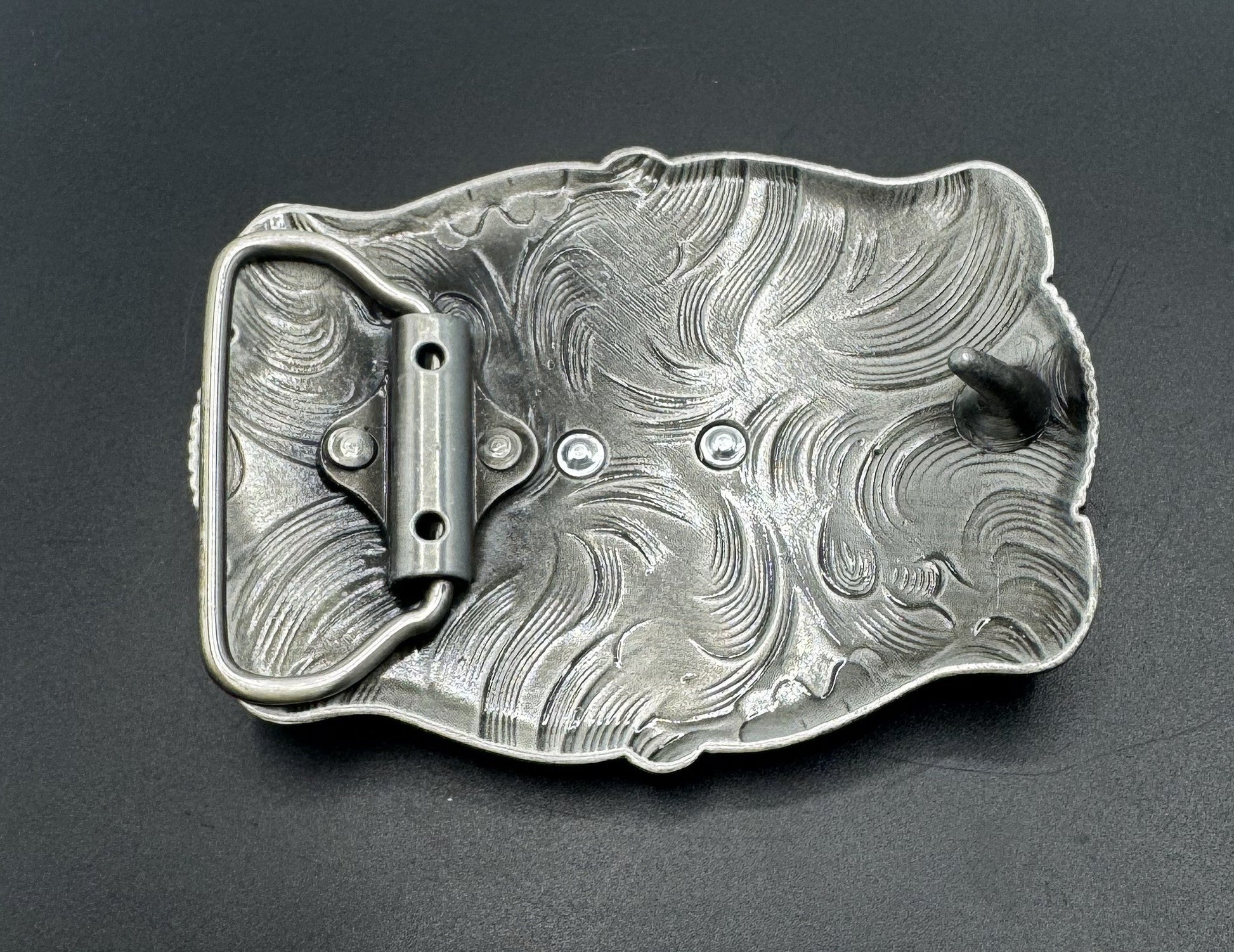 Mexican charro belt buckle silver running horse filigree back view - hebilla charra