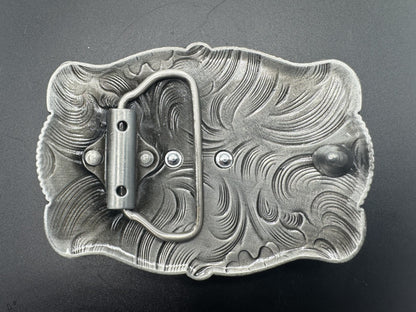 Mexican charro belt buckle silver running horse filigree back view 2 - hebilla charra