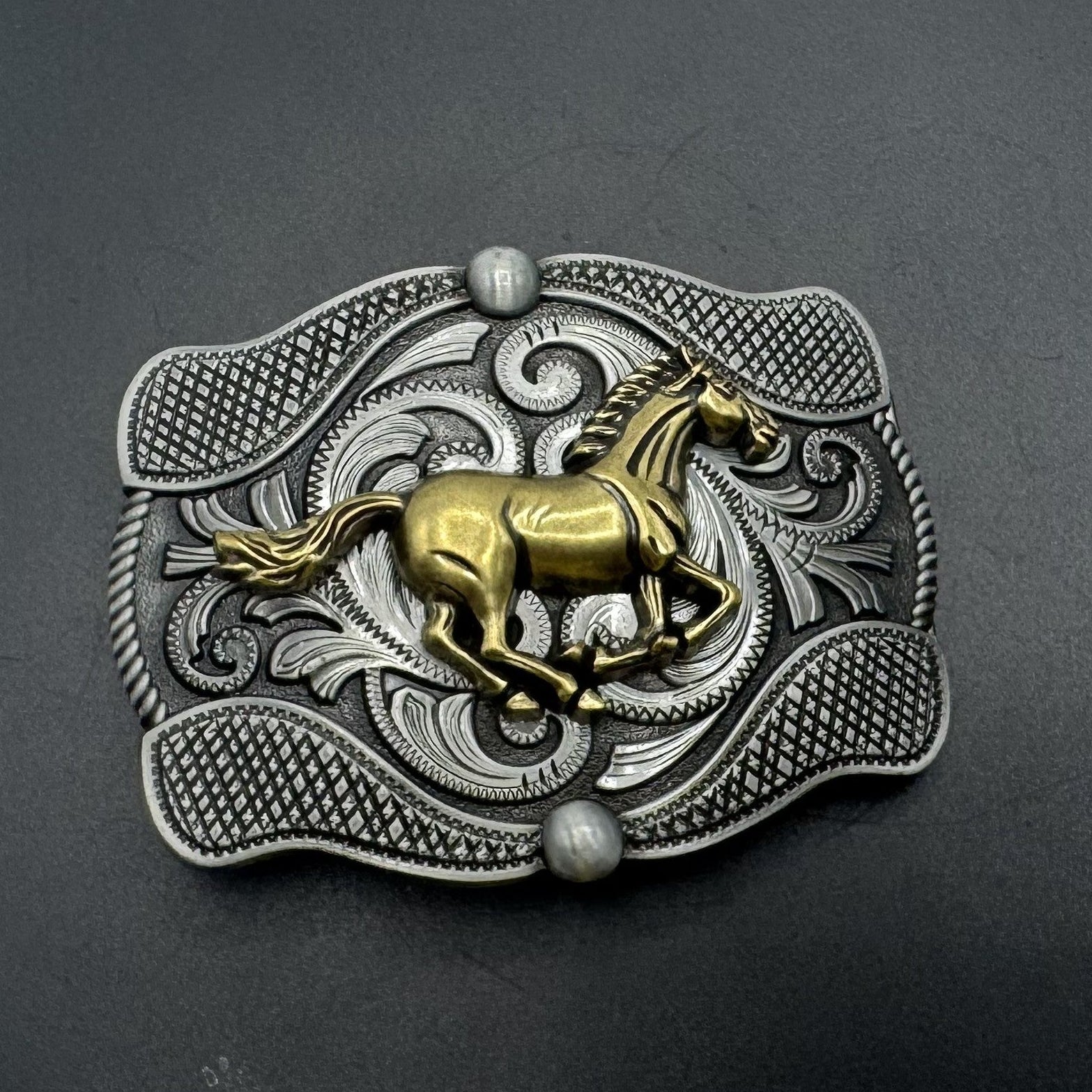 Mexican charro belt buckle silver running horse filigree front view - hebilla charra