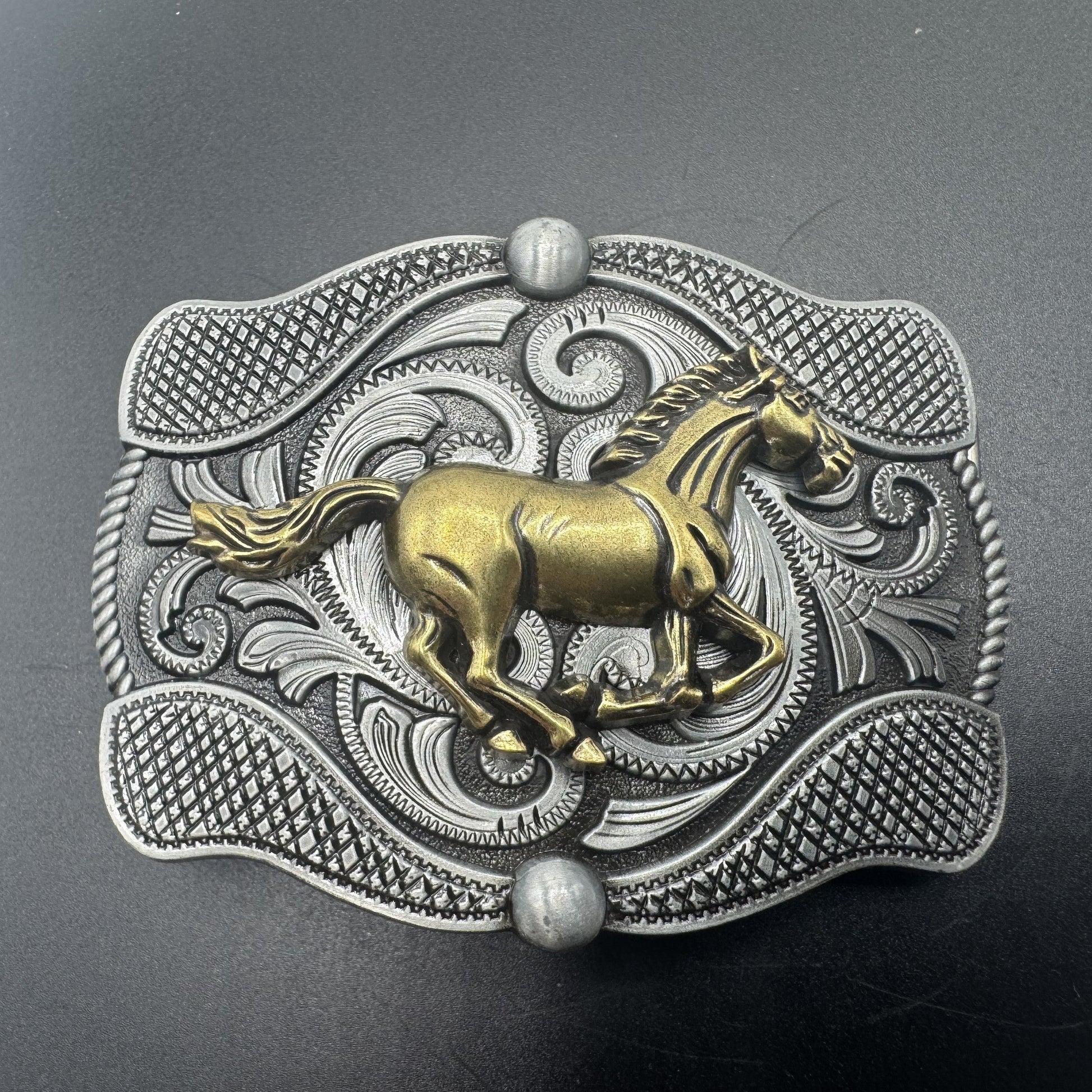 Mexican charro belt buckle silver running horse filigree front view 3 - hebilla charra
