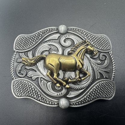 Mexican charro belt buckle silver running horse filigree front view 3 - hebilla charra